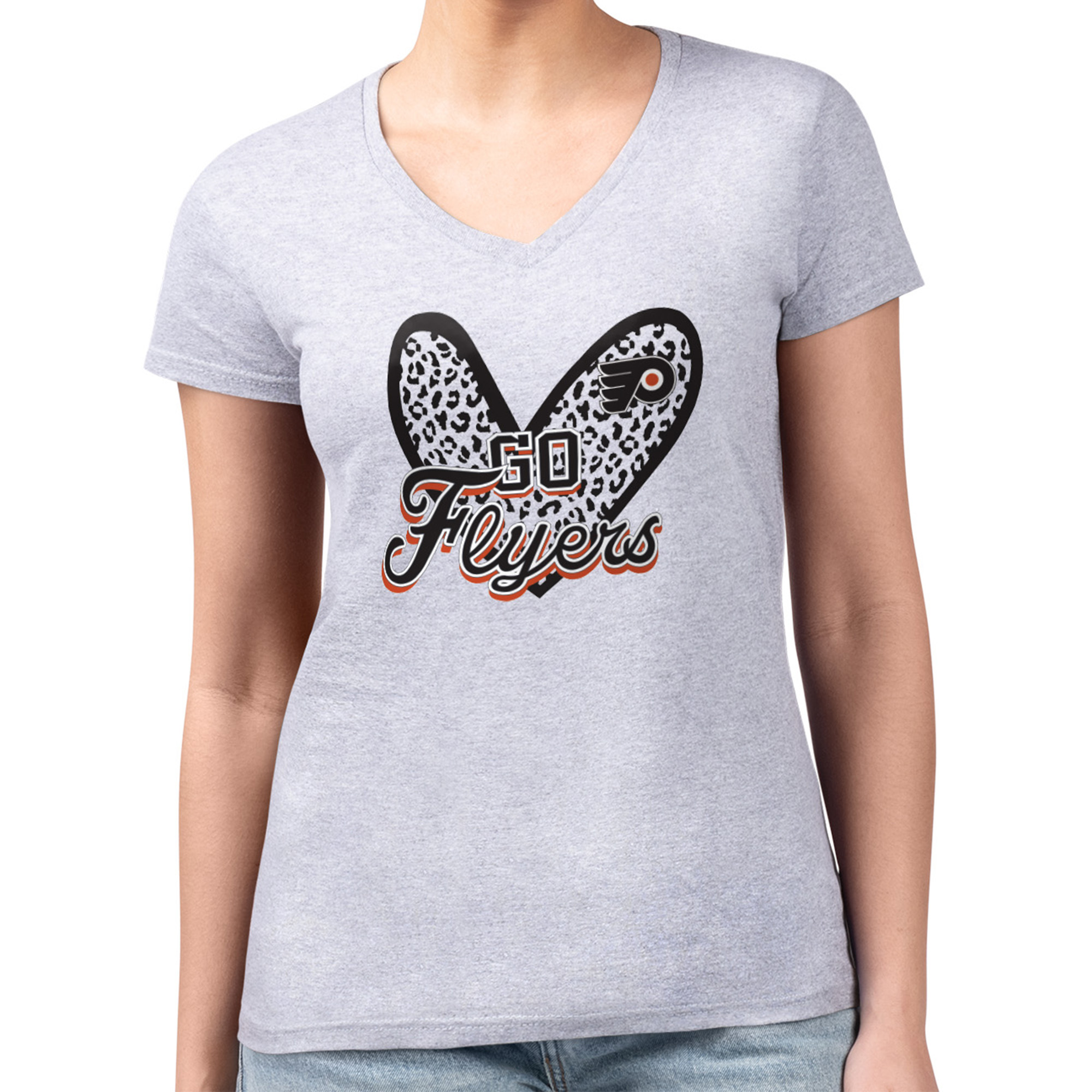 Women's G-III 4Her by Carl Banks Heather Gray Philadelphia Flyers Animal Print Heart Fitted V-Neck T-Shirt